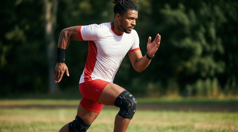 Sportovec s kolením bandážem při tréninku